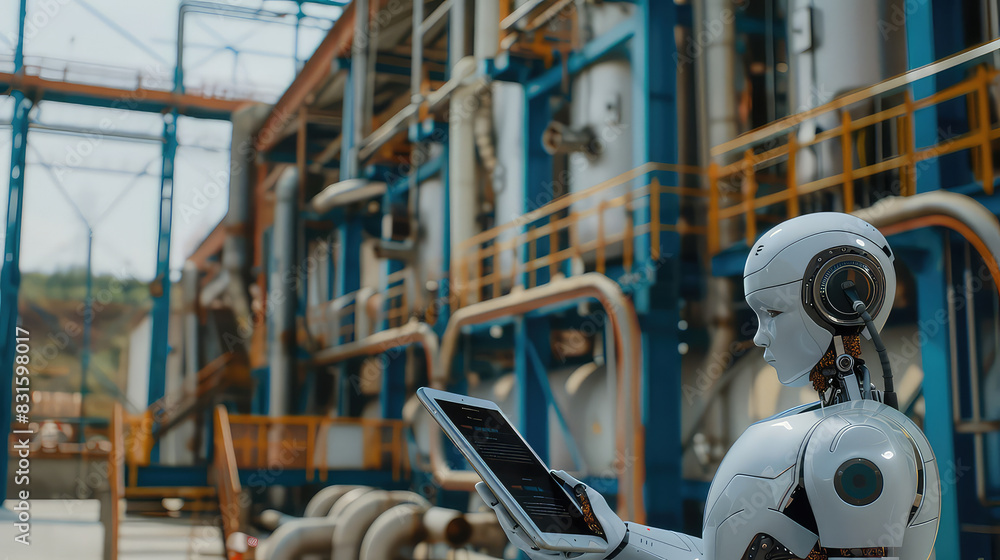 Robot inspecting machinery in industrial plant using tablet device.