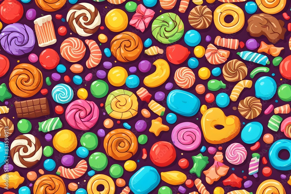 A colorful candy pattern with a variety of shapes and sizes A colorful candy pattern with a variety of shapes and sizes