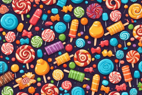 A colorful candy display with many different types of lollipops and other sweets