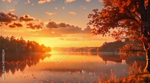 Fantastic Autumn View with sunset near the lake. 4k video photo