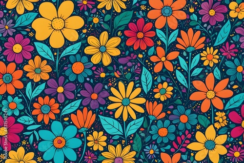 A colorful floral pattern with a blue background