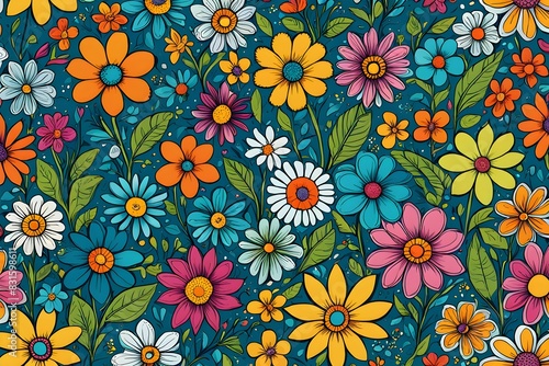 A colorful floral pattern with many different colored flowers