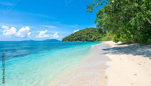 idyllic white sand beach with turquoise ocean water under clear blue sky tropical paradise © furyon