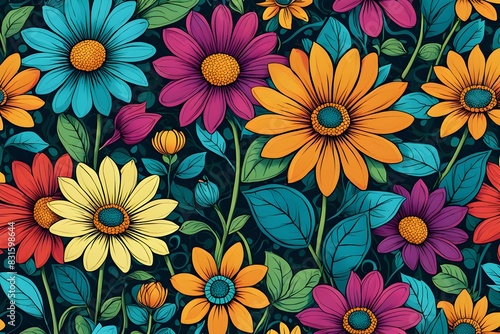 A colorful flower pattern with a blue background