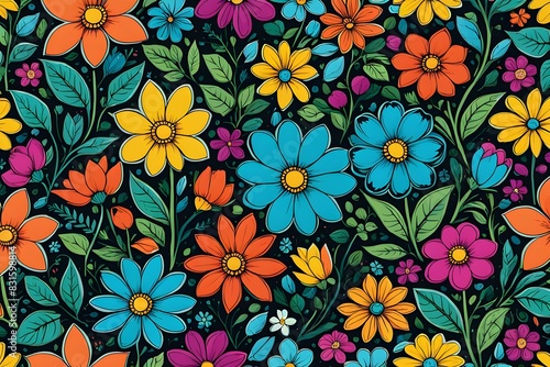 A colorful floral pattern with a blue and pink flower in the middle