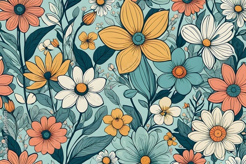 Wallpaper Mural A colorful floral pattern with a blue background Torontodigital.ca