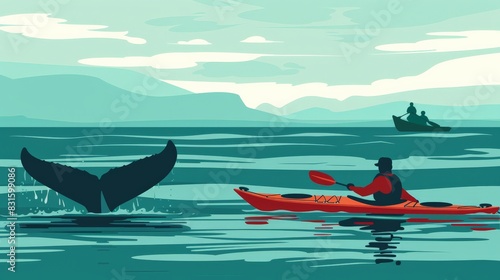 Visual of a whale surfacing near kayakers flat design side view gentle approach theme cartoon drawing Tetradic color scheme --ar 16:9 --style raw Job ID: 76b66af4-c94a-47de-830a-bfb0b5ee0e79