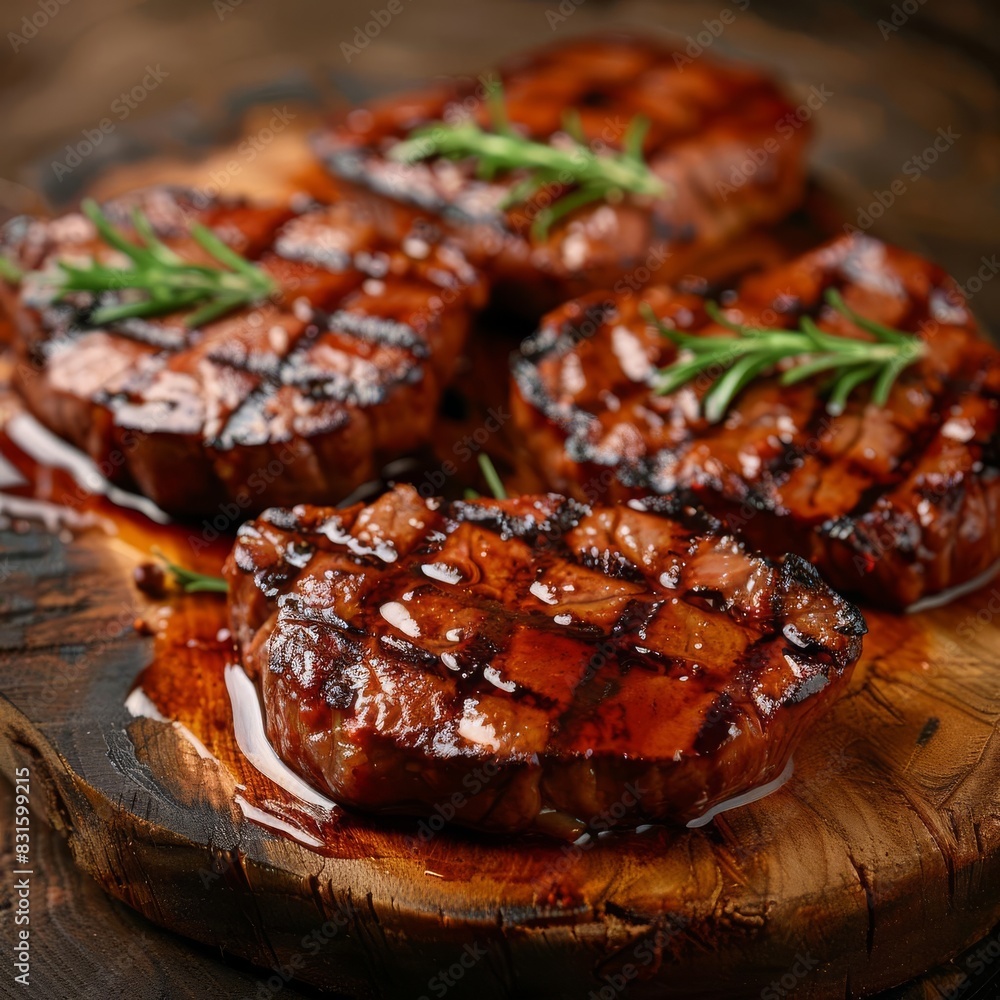 juicy grilled steak on rustic wooden plate sizzling bbq meat closeup