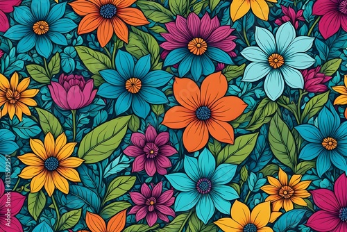 Wallpaper Mural A colorful floral pattern with a blue background Torontodigital.ca