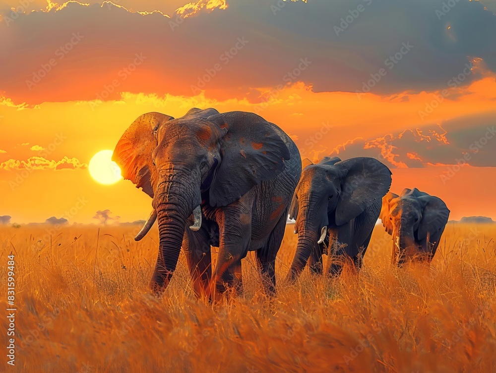 Exciting wildlife safari with a group of elephants walking through the savannah, golden grasses swaying under a vibrant sunset