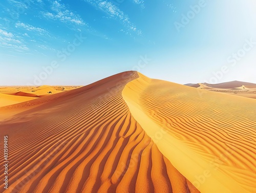 Expansive desert dunes under a clear blue sky  with rippling sand patterns and a solitary camel in the distance  capturing the vastness and beauty of the desert