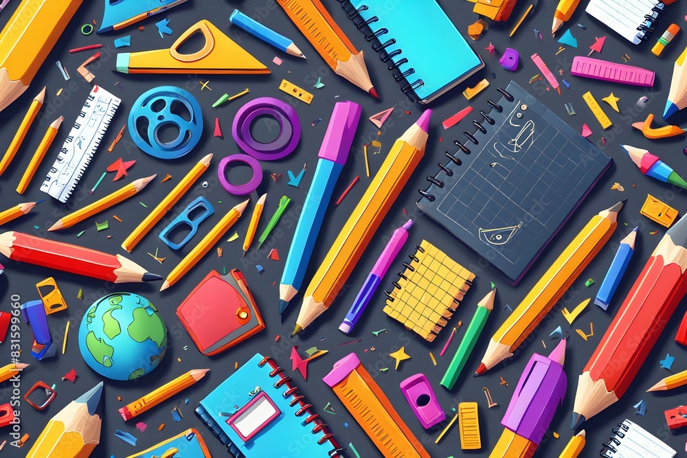 A colorful array of school supplies including pencils, pens, rulers A colorful array of school supplies including pencils, pens, rulers