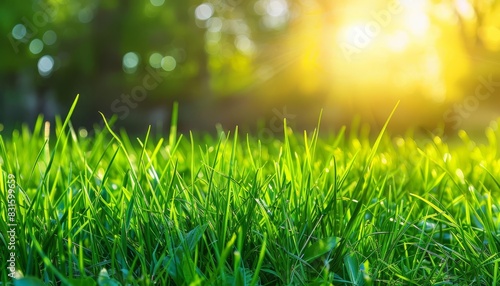 lush young green grass in bright morning sunlight vibrant nature spring closeup