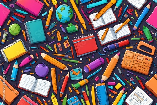 A colorful drawing of school supplies including pencils, pens, and books