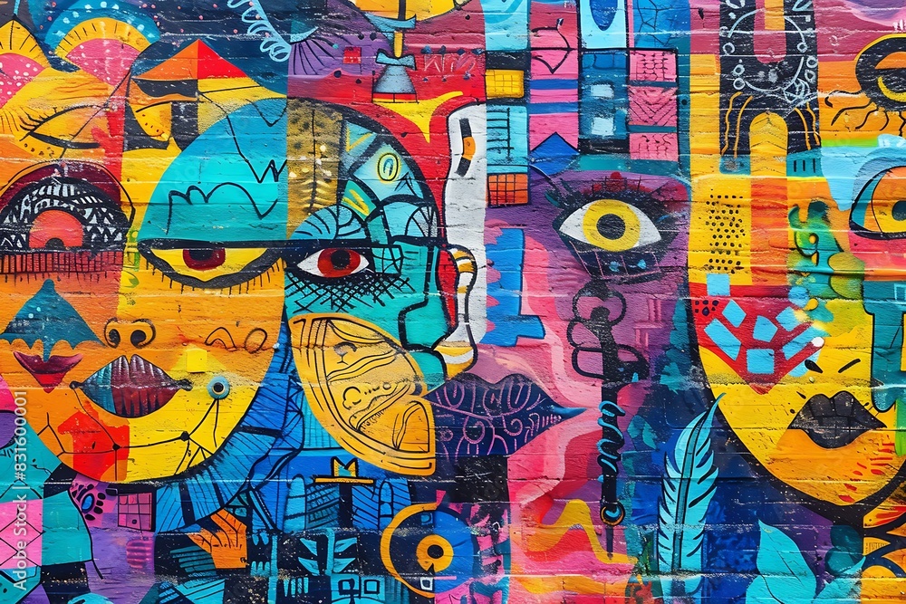 A vibrant street art mural depicting different cultures communicating through symbols and gestures.