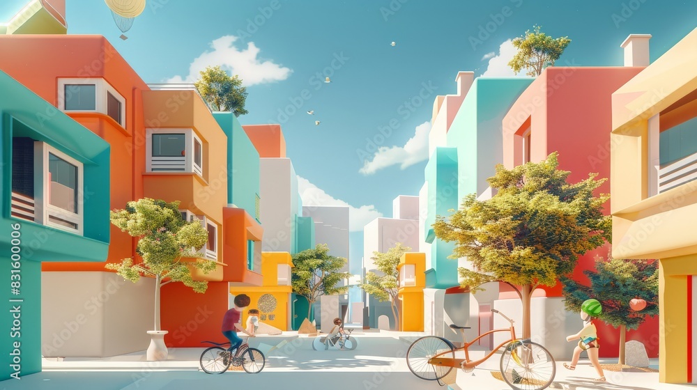 Visual of kids playing in a neighborhood street flat design side view childhood fun theme 3D render Complementary Color Scheme Visual of kids playing in a neighborhood street flat design side view childhood fun theme 3D render Complementary Color Scheme