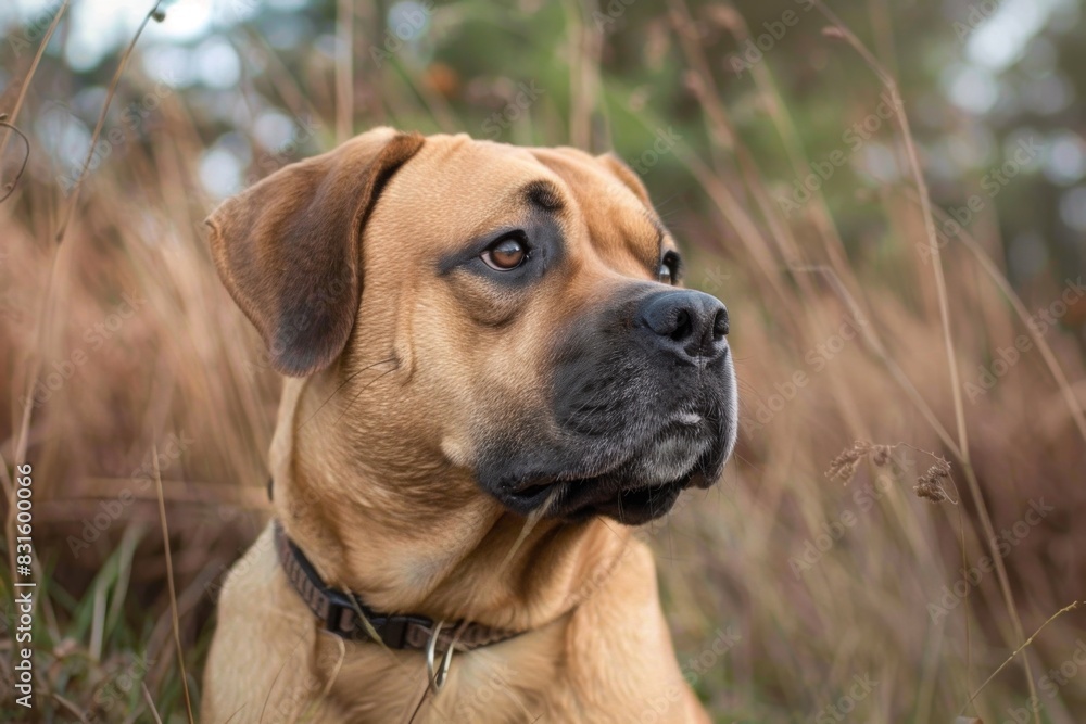 A brown dog is sitting in the grass, looking up attentively