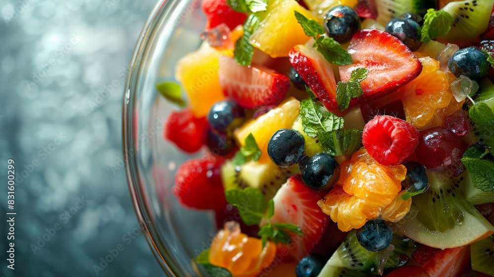Close-up of a vibrant fruit salad with mixed berries, kiwi, and citrus in a glass bowl against a bright blue background. Perfect for summer snacks. Close-up of a vibrant fruit salad with mixed berries, kiwi, and citrus in a glass bowl against a bright blue background. Perfect for summer snacks.