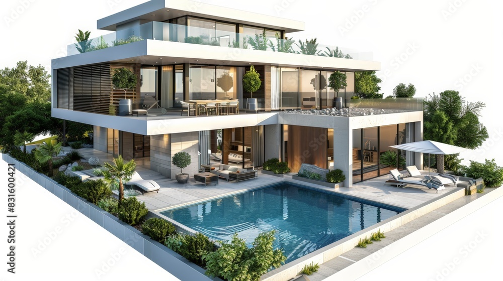 Obraz premium 3d rendering of modern house by the river at morning, house, luxury, villa, modern, architecture, building, exterior, residential, property, designer