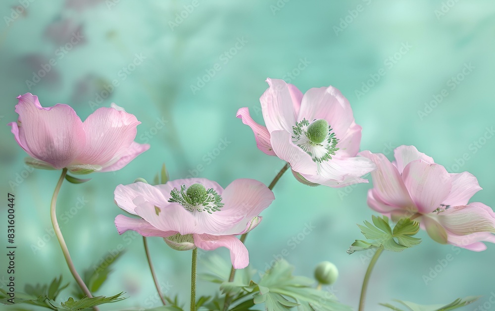 Fototapeta premium Soft pink anemone flowers outdoors in summer spring close-up on turquoise background with soft selective focus. which is very beautiful