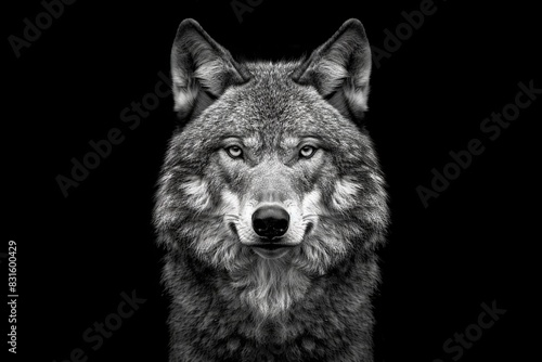 Front view of Wolf isolated on black background. Black and white portrait of wolf