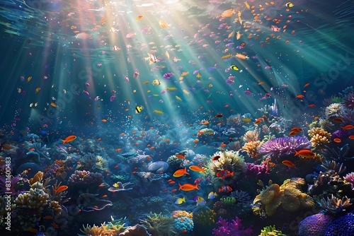 A vibrant underwater coral reef teeming with fish and sunlight rays. photo