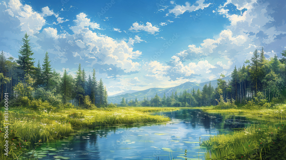 nature landscape art, charming illustration of a vibrant forest with a meandering river under a clear sky, depicting a tranquil summer scene in oil