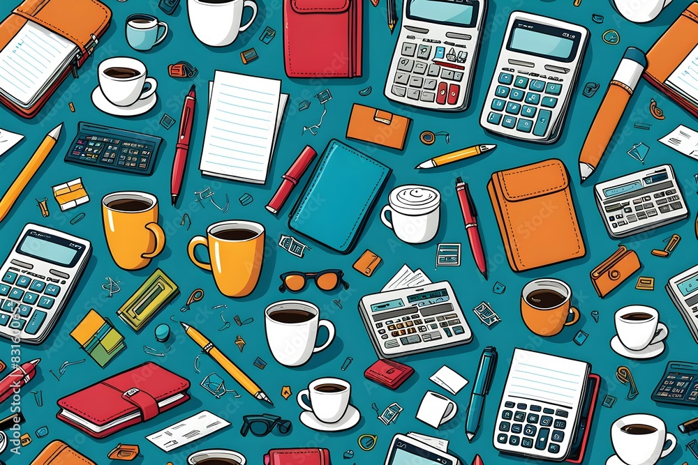 A colorful drawing of office supplies including a calculator, a pen, a cup A colorful drawing of office supplies including a calculator, a pen, a cup
