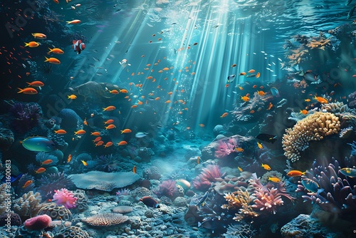 A vibrant underwater coral reef teeming with fish and sunlight rays. © Ghulam