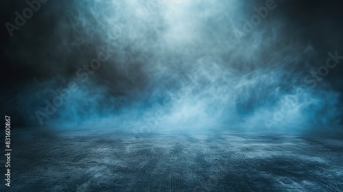 Abstract image of dark room concrete floor. Black space or stage backdrop for product placement. White turbidity  fog or light blue mist moving on black background - Generetive Ai