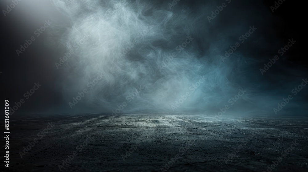 Abstract image of dark room concrete floor. Black space or stage backdrop for product placement. White turbidity, fog or light blue mist moving on black background - Generetive Ai