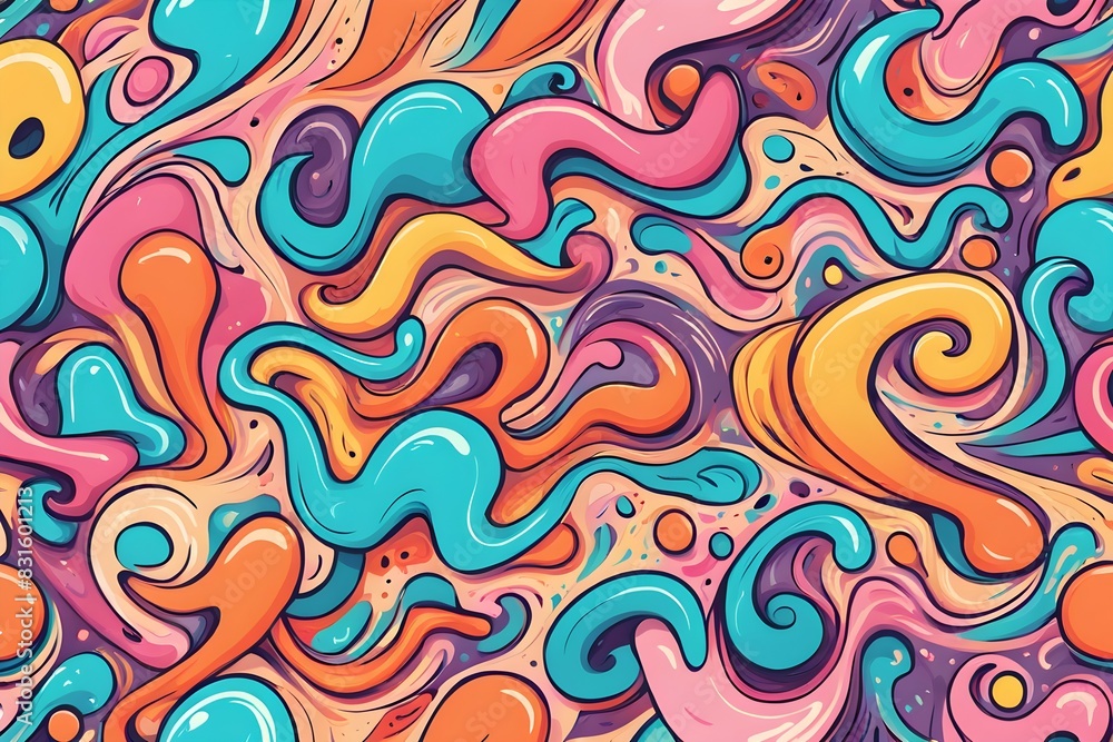 A colorful abstract painting with a lot of swirls and splatters A colorful abstract painting with a lot of swirls and splatters