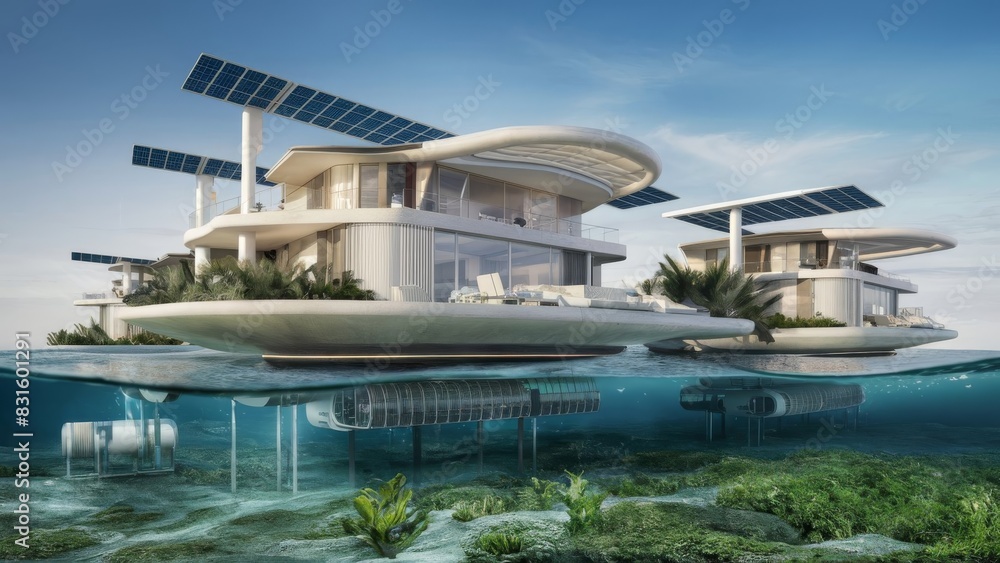 Floating Oasis: Imagine a futuristic home concept where residences float atop pristine bodies of water, utilizing advanced buoyancy technology for stability. Floating Oasis: Imagine a futuristic home concept where residences float atop pristine bodies of water, utilizing advanced buoyancy technology for stability.