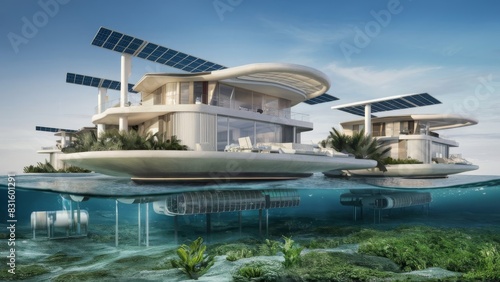 Floating Oasis  Imagine a futuristic home concept where residences float atop pristine bodies of water  utilizing advanced buoyancy technology for stability.