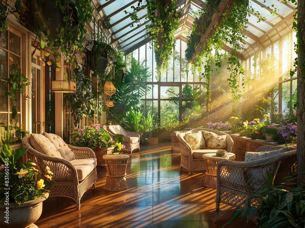 Sunlit conservatory with wicker furniture, lush green plants, hanging vines, sunlight streaming through glass ceiling, warm and inviting atmosphere, polished wood floor, colorful flowers in pots. Sunlit conservatory with wicker furniture, lush green plants, hanging vines, sunlight streaming through glass ceiling, warm and inviting atmosphere, polished wood floor, colorful flowers in pots.