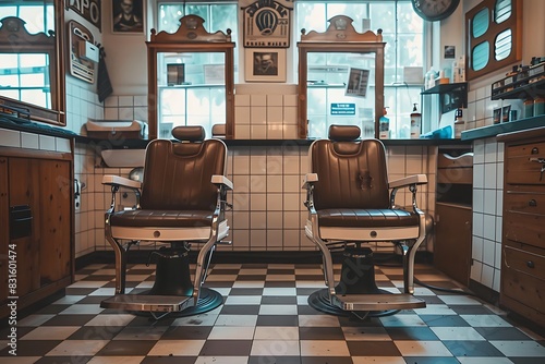 A vintage-inspired barbershop with leather barber chairs and classic checkered flooring.