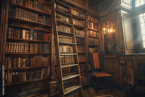 A vintage library with leather-bound books and a rolling ladder.