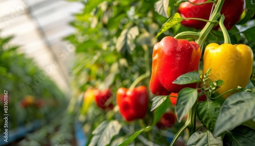ripe red and yellow bell peppers growing in sunlit greenhouse fresh produce photo