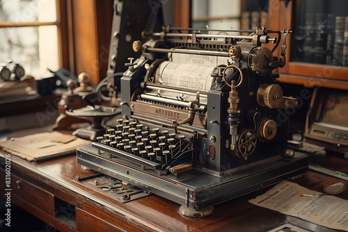 A vintage telegraph machine with a clicking ticker tape, delivering urgent messages. photo