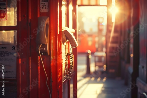 A vintage telephone booth with a ringing phone, bathed in warm sunlight.