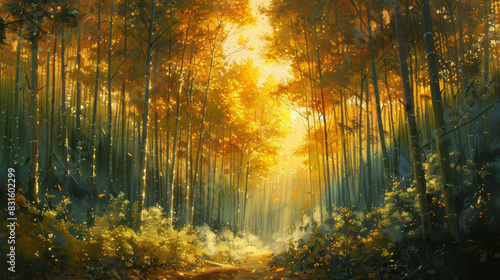 japanese inspired art, an oil painting capturing the serenity of a bamboo forest with golden sunlight filtering through the tall stalks, reminiscent of japanese nature photo