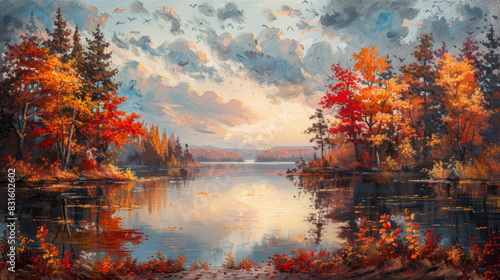 autumn landscape painting, a captivating hand-painted scene of an autumn woods by a serene lake, showcasing vivid fall colors and the soothing water ambiance