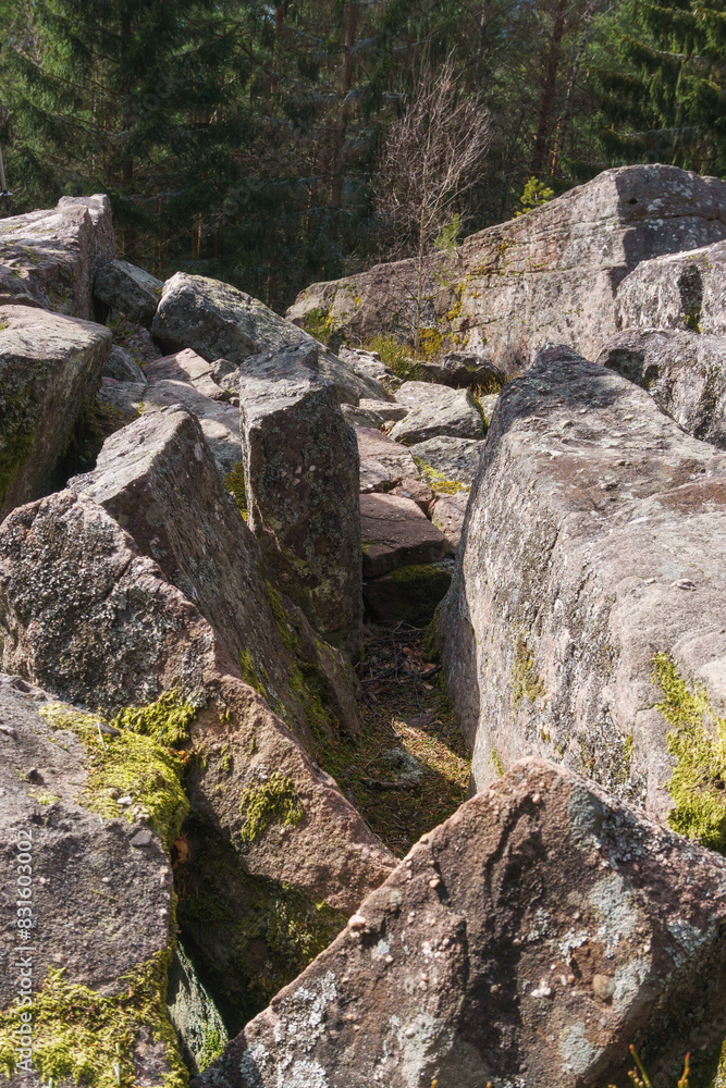 Rock formation at the forest in the Vosges Mountains on a sunny winter day, Alsace, France Rock formation at the forest in the Vosges Mountains on a sunny winter day, Alsace, France