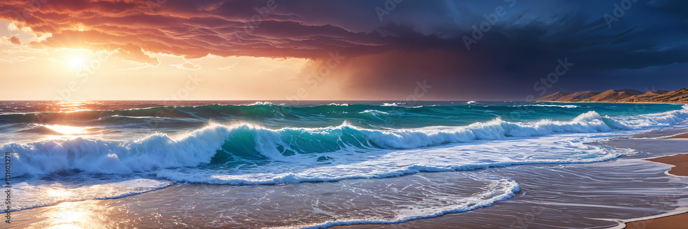 Obraz premium A serene beach scene at sunset, with the sky painted in hues of orange and blue, and the ocean's waves gently lapping against the shore.