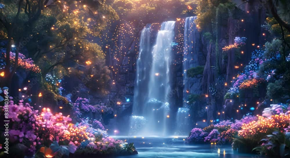 A beautiful waterfall in a magical forest with colorful flowers and butterflies. A beautiful waterfall in a magical forest with colorful flowers and butterflies.