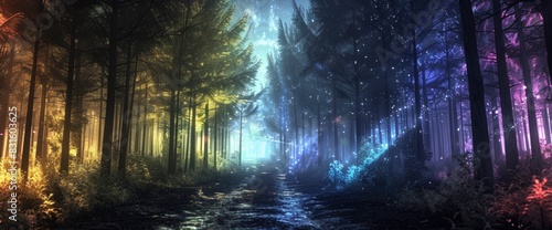 Abstract Enchanted Forest With Holographic Lights, Background