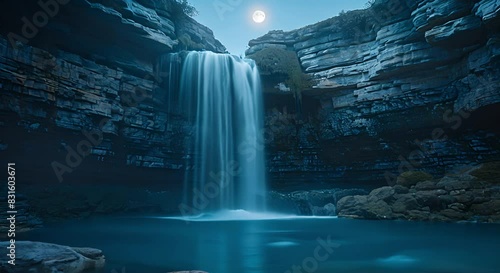 A mesmerizing waterfall illuminated by the soft glow of the moon, cascading into a serene pool surrounded by rocky cliffs, creating a tranquil and mystical nighttime scene photo