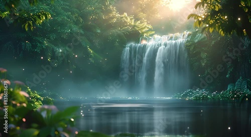 A tranquil waterfall cascading into a clear pool, surrounded by lush green foliage and bathed in soft, natural light, creating a peaceful and refreshing atmosphere photo