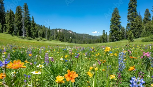 vibrant blooming meadow with colorful wildflowers lush green grass and majestic trees under clear blue sky