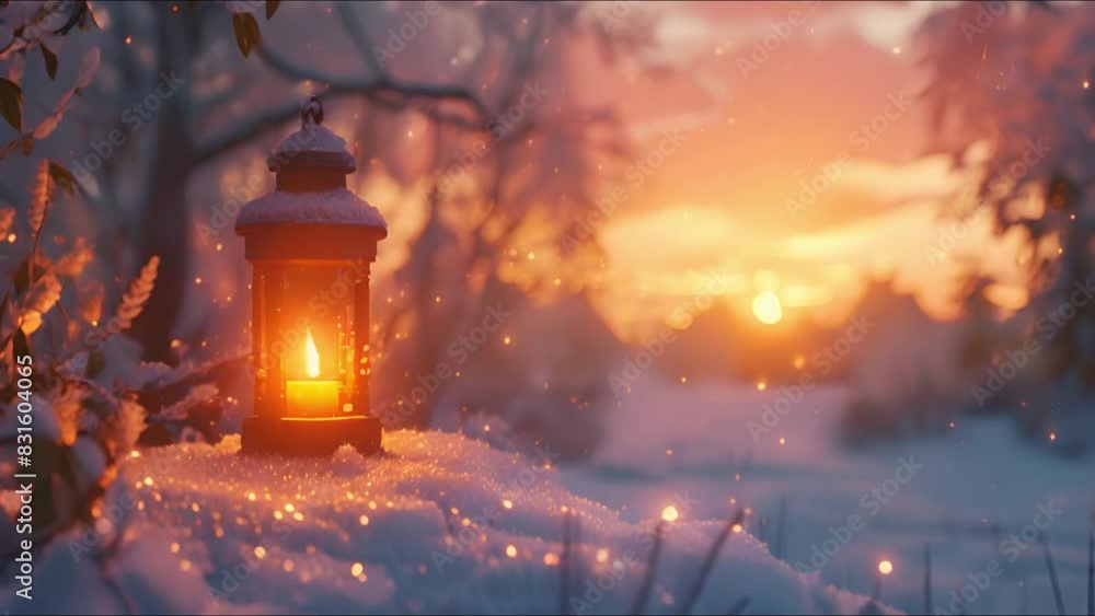 A glowing lantern illuminates a snowy landscape at sunset, creating a warm and enchanting atmosphere amidst the winter scenery A glowing lantern illuminates a snowy landscape at sunset, creating a warm and enchanting atmosphere amidst the winter scenery
